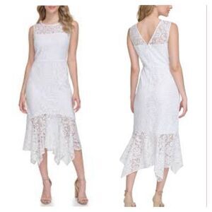 NWT Kenzie white sleeveless asymmetric midi dress,  White floral lace Size 10